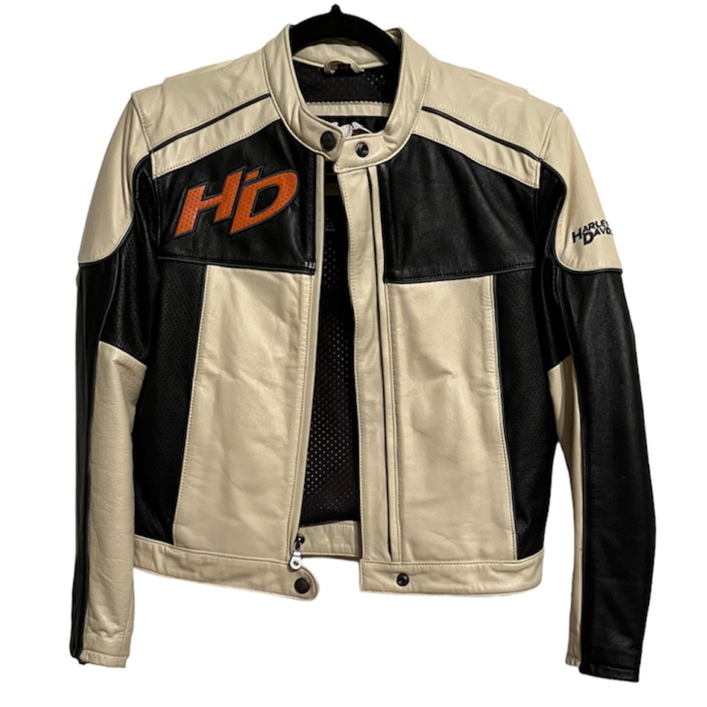 Harley Davidson Legend Cream + Black Leather Zip Biker Racing Jacket woman’s XS